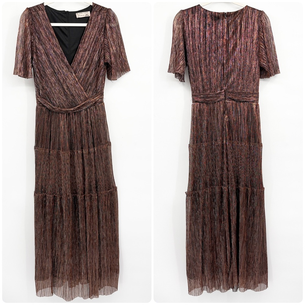 Black Tape Womens Bronze Metallic Plisse Tiered Glam Holiday Maxi Dress Size M